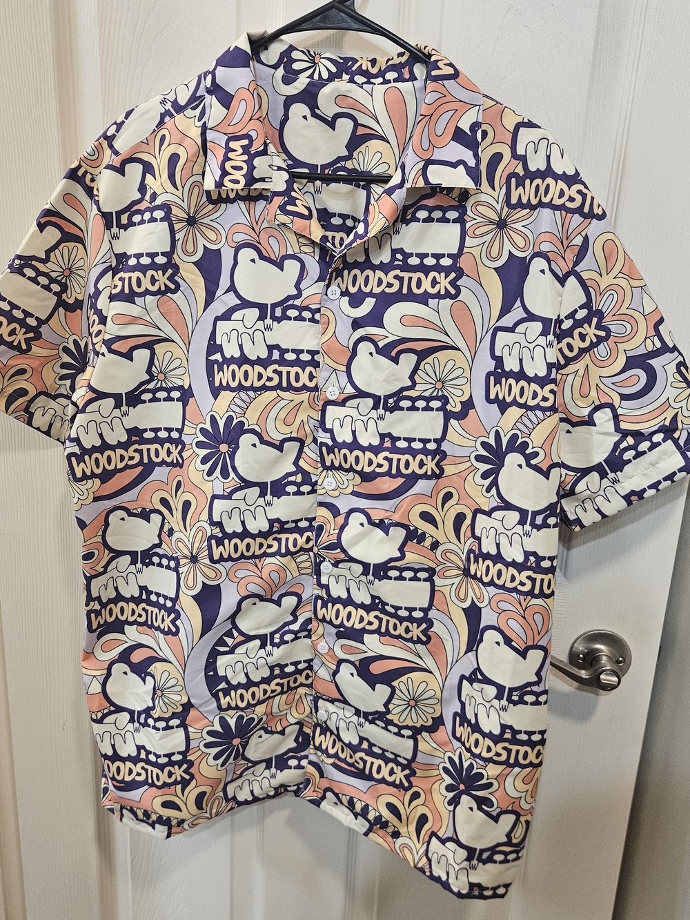 Woodstock Graphic Short-Sleeve Button-Down Shirt - Navy, Pink & Cream